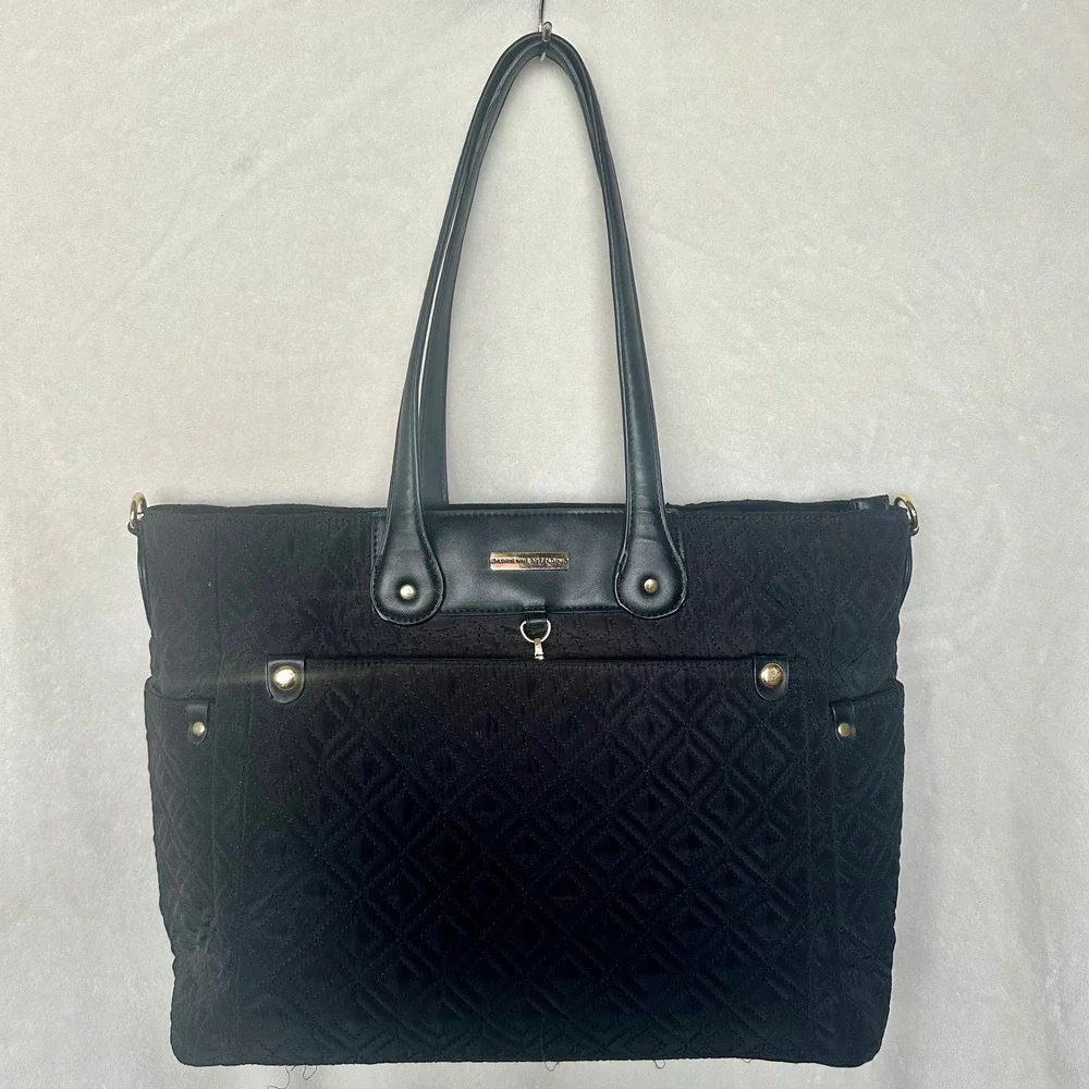 Adrienne Vittadini Black Quilted Work Laptop Tote Bag Organization Pockets